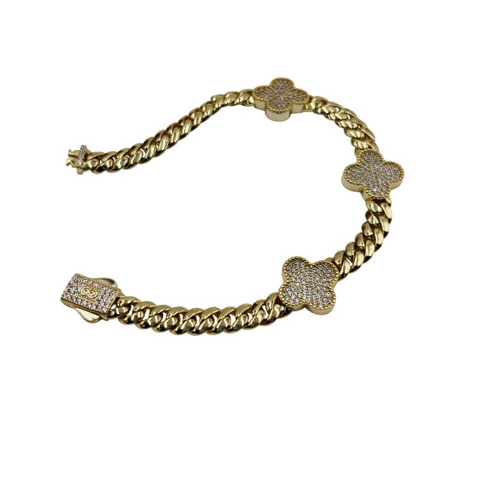 Vintage Gold Tone S925 Sterling Silver Pave Clover Cuban Link Braceletโ 7 inch